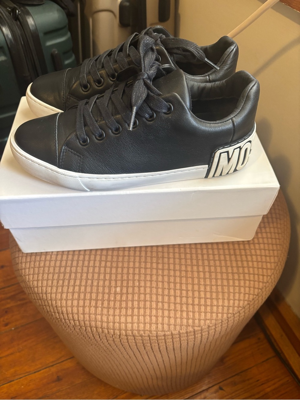 Moschino Black Leather Low-Top Sneakers with White Sole